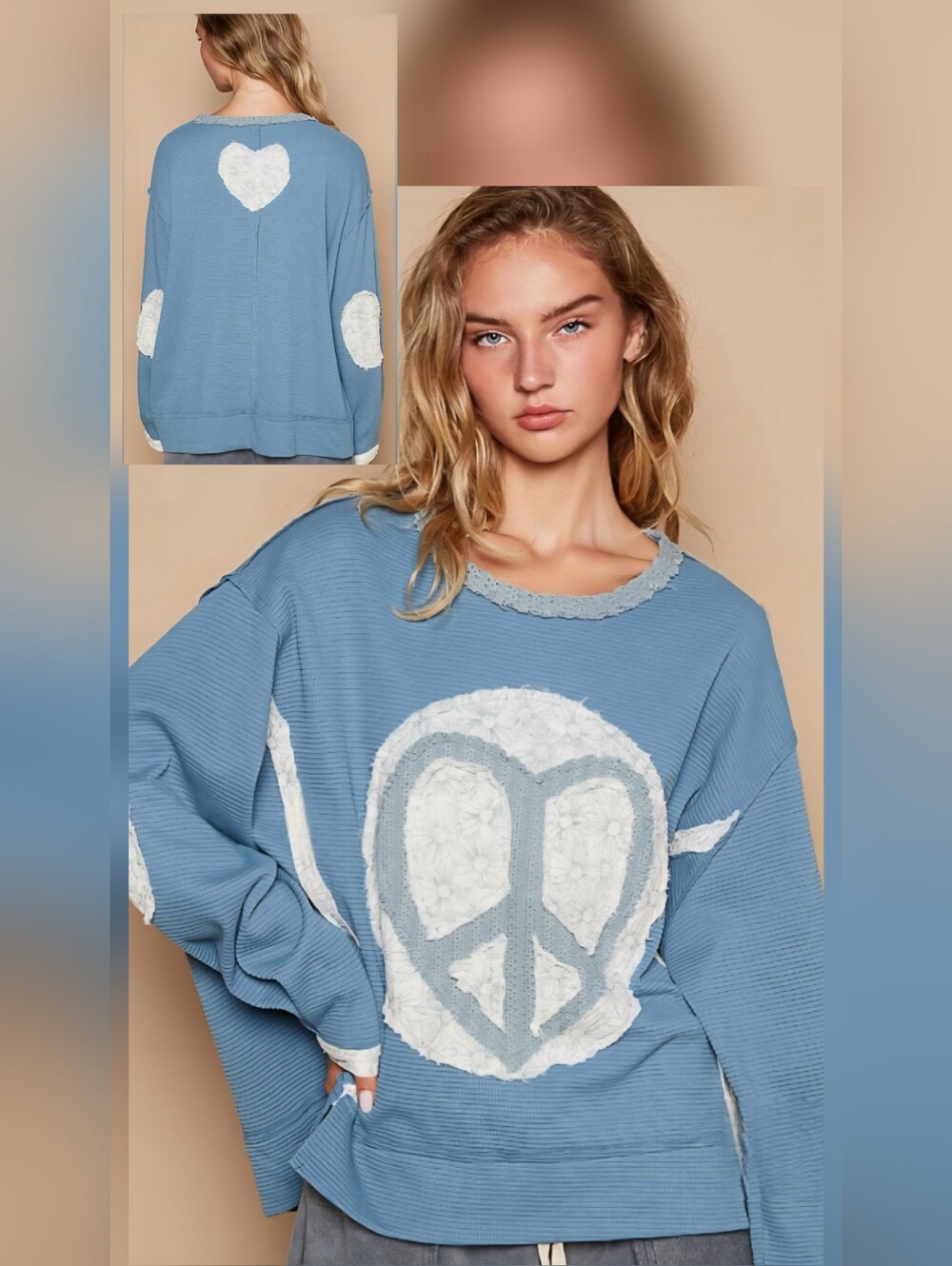 POL Blue Peace Sign round neck, long sleeve out-seams termo top/Sweater Sz S